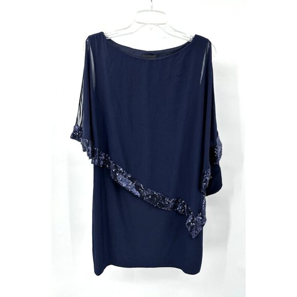 XSCAPE dress capelet sequins formal party evening cocktail sheer navy blue 12 - Picture 2 of 9